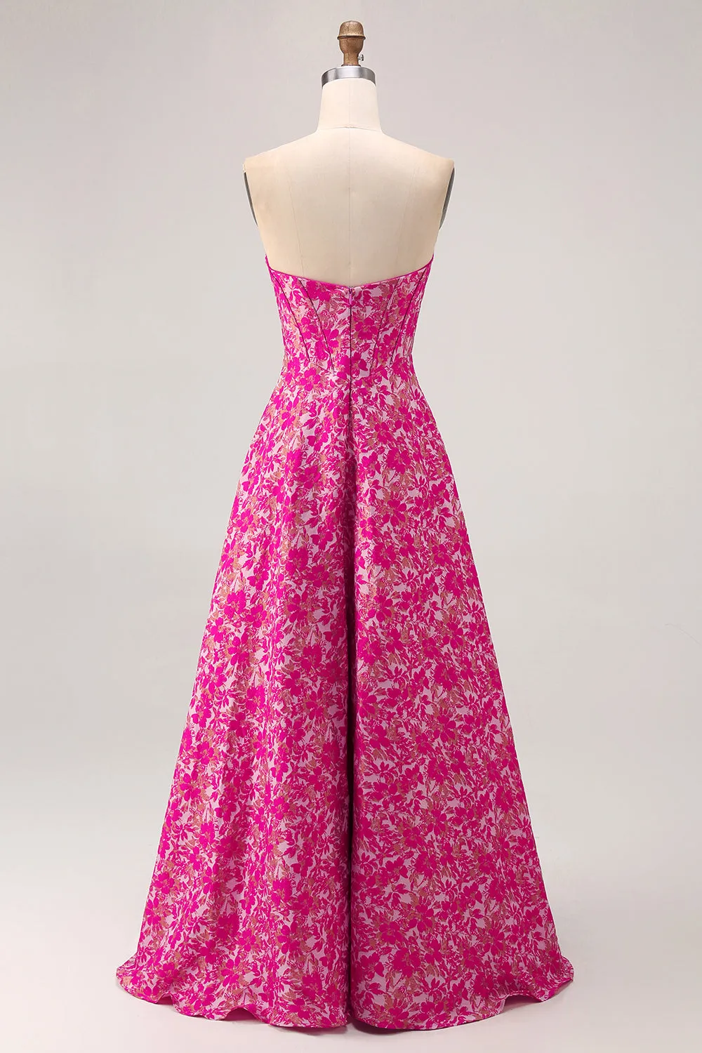 Fuchsia Floral A-Line Strapless Corset Floor Length Corset Satin Jacquard Dress with Slit sold by Wedtrend product image thumbnail 2