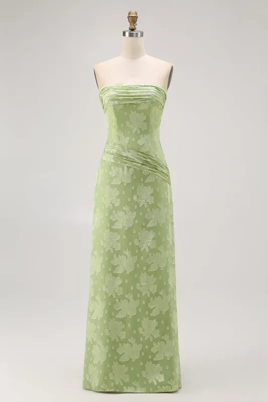 Sage Green Sheath Strapless Ruched Maxi Bridesmaid Dress with Side Slit sold by Wedtrend