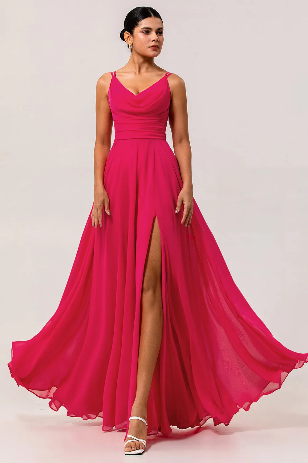 Hot Pink Cowl Neck A Line Chiffon Long Bridesmaid Dress with Slit sold by Wedtrend product image thumbnail 3