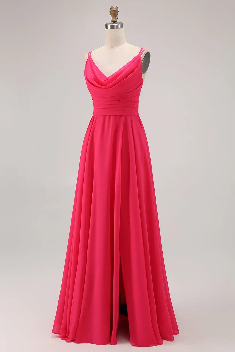 Hot Pink Cowl Neck A Line Chiffon Long Bridesmaid Dress with Slit sold by Wedtrend product image thumbnail 5