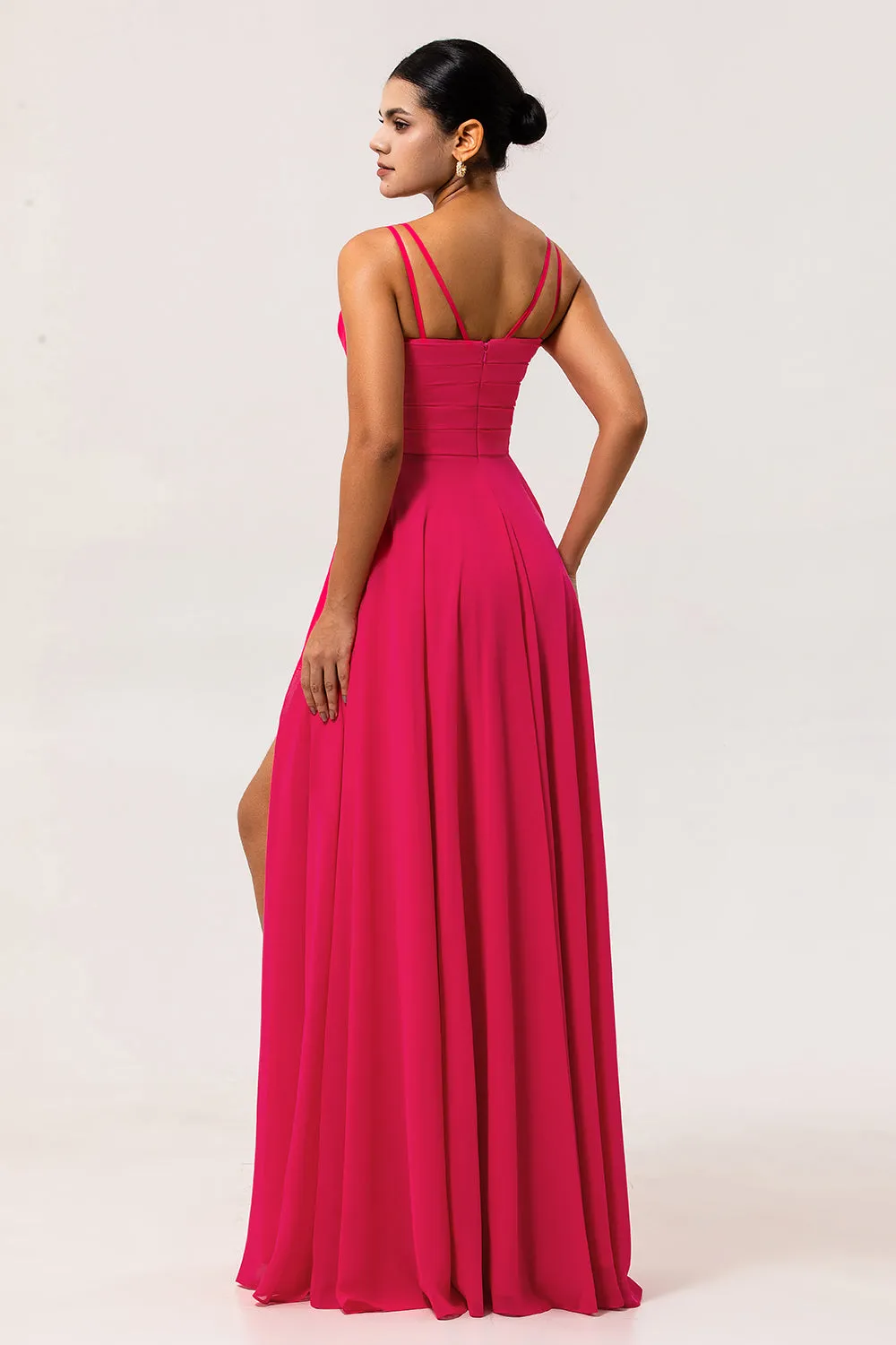 Hot Pink Cowl Neck A Line Chiffon Long Bridesmaid Dress with Slit sold by Wedtrend product image thumbnail 4
