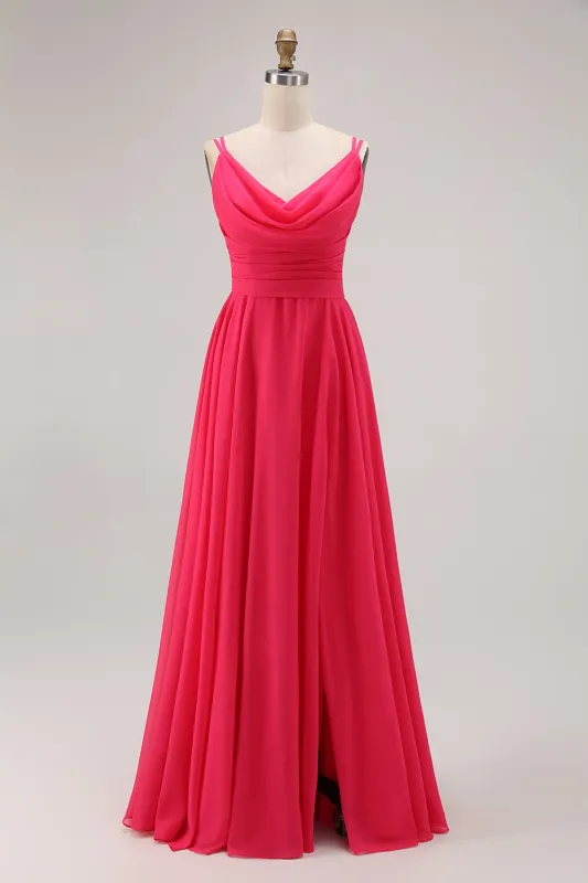 Hot Pink Cowl Neck A Line Chiffon Long Bridesmaid Dress with Slit made by Wedtrend
