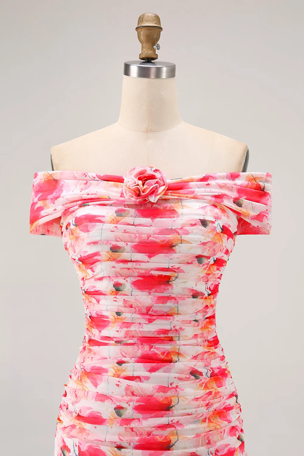 Pink Floral Mermaid Off The Shoulder Long Wedding Guest Dress sold by Wedtrend product image thumbnail 4