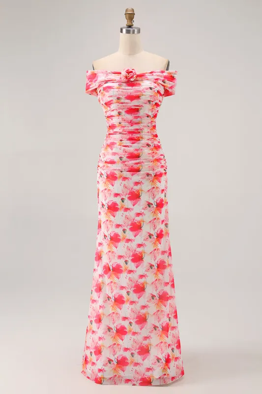Pink Floral Mermaid Off The Shoulder Long Wedding Guest Dress made by Wedtrend