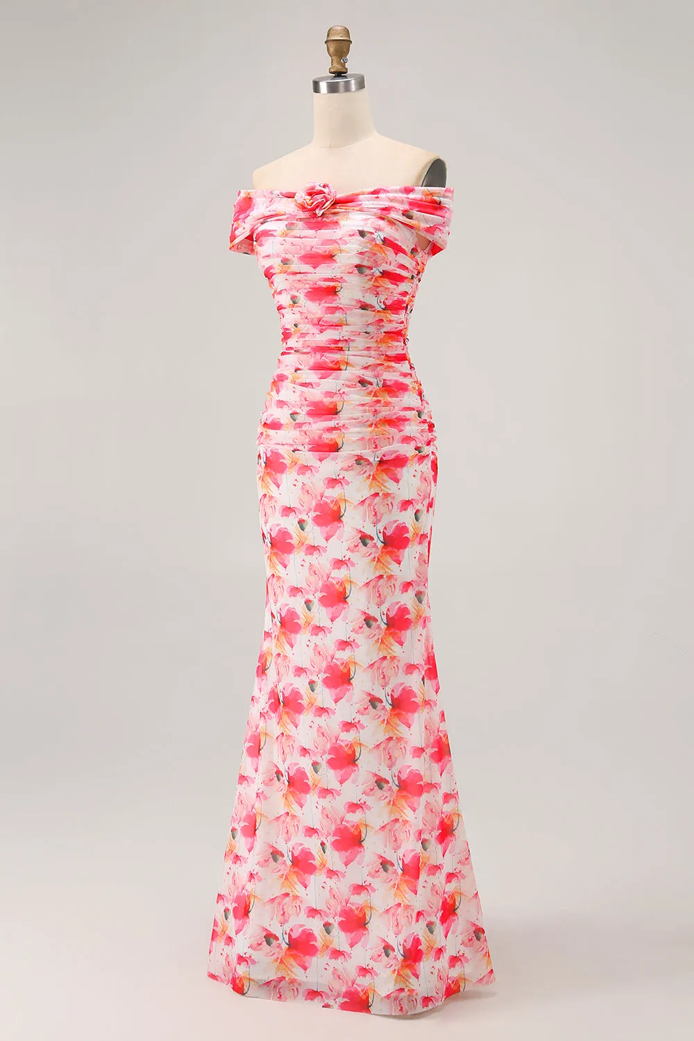 Pink Floral Mermaid Off The Shoulder Long Wedding Guest Dress sold by Wedtrend product image thumbnail 3