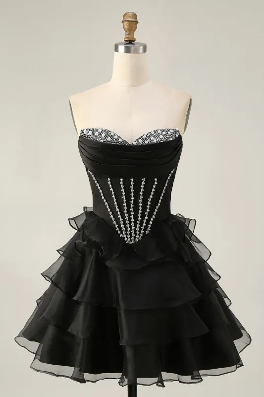 Black Strapless Corset Tiered A Line Short Homecoming Dress with Beading sold by Wedtrend