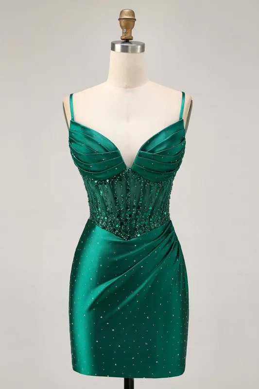 Dark Green Bodycon Corset Sequins Satin Short Homecoming Dress with Beading made by Wedtrend