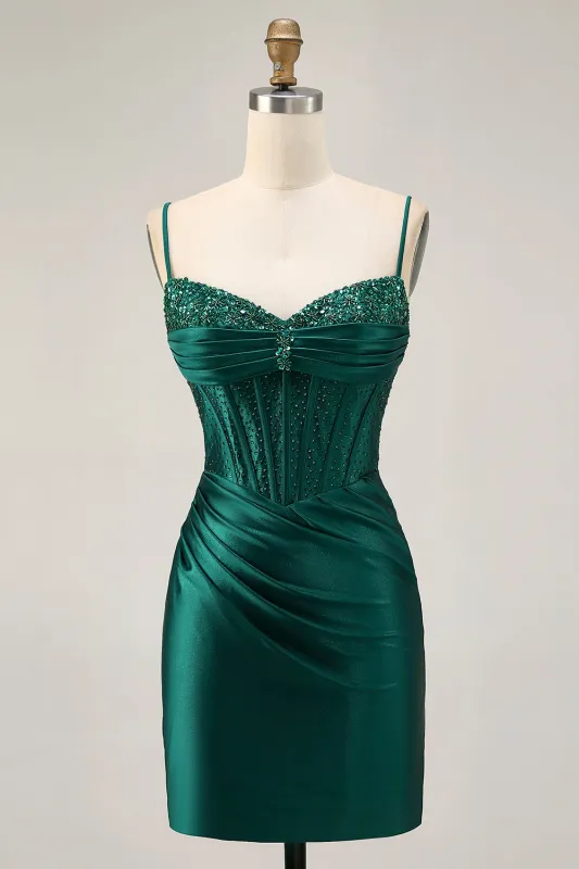 Dark Green Corset Bodycon Sequins Satin Homecoming Dress sold by Wedtrend