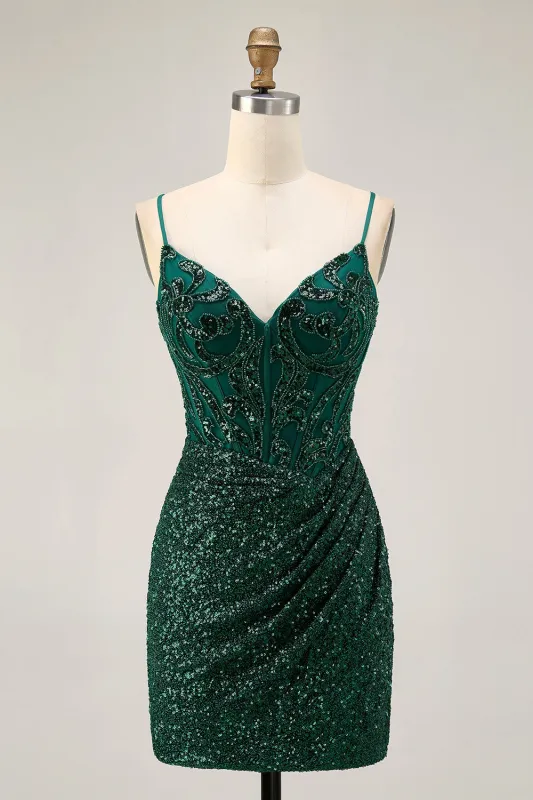 Sparkly Dark Green Bodycon Sequins Corset Homecoming Dress sold by Wedtrend