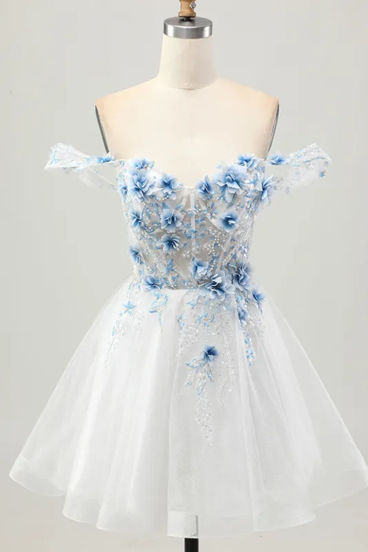 A-Line White Blue Flower Off the Shoulder Sheer Corset Short Homecoming Dress made by Wedtrend