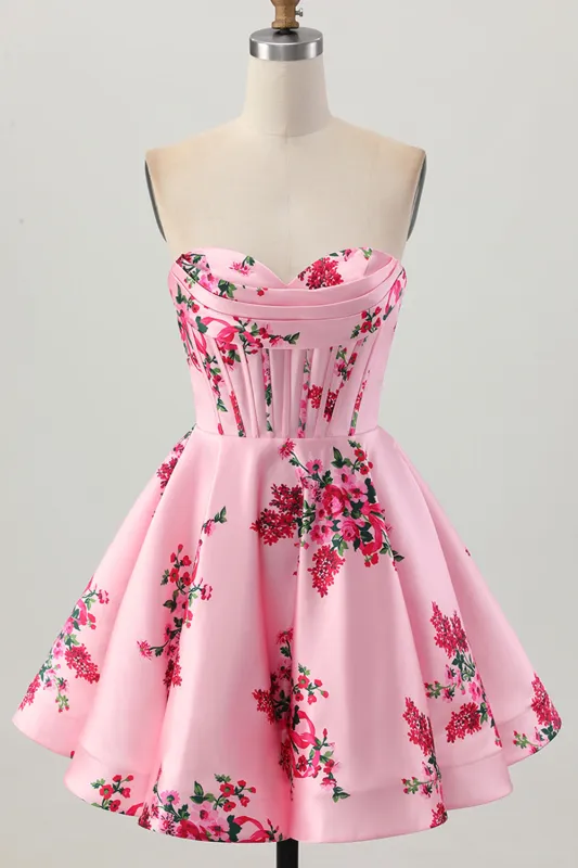Pink Flower Sweetheart A-Line Satin Corset Homecoming Dress made by Wedtrend