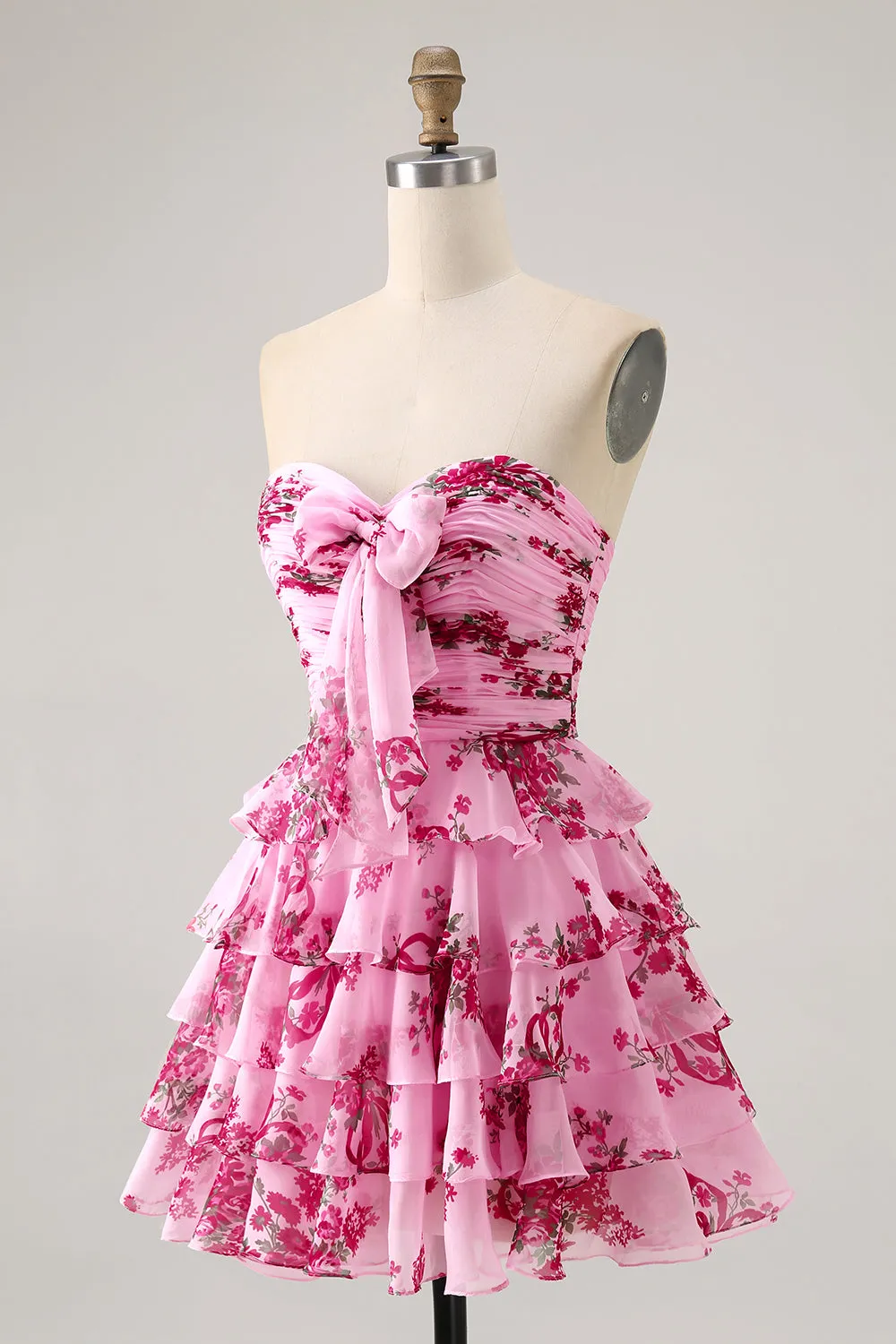 Strapless Pink Flower A-line Tiered Short Homecoming Dress with Bow sold by Wedtrend product image thumbnail 3