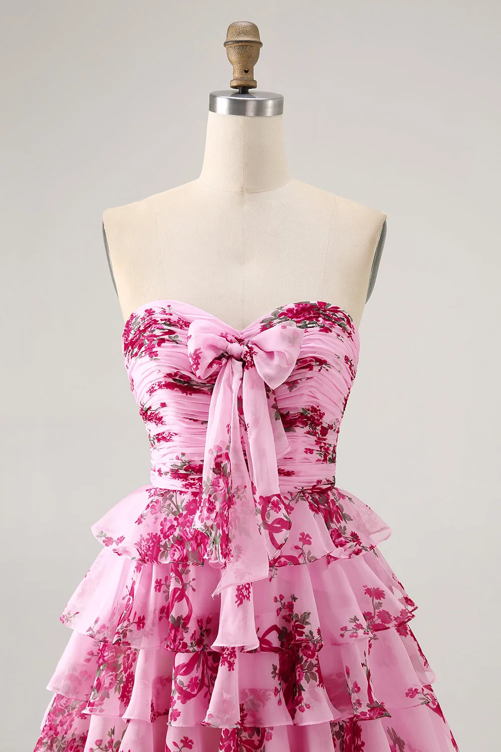 Strapless Pink Flower A-line Tiered Short Homecoming Dress with Bow sold by Wedtrend product image thumbnail 4