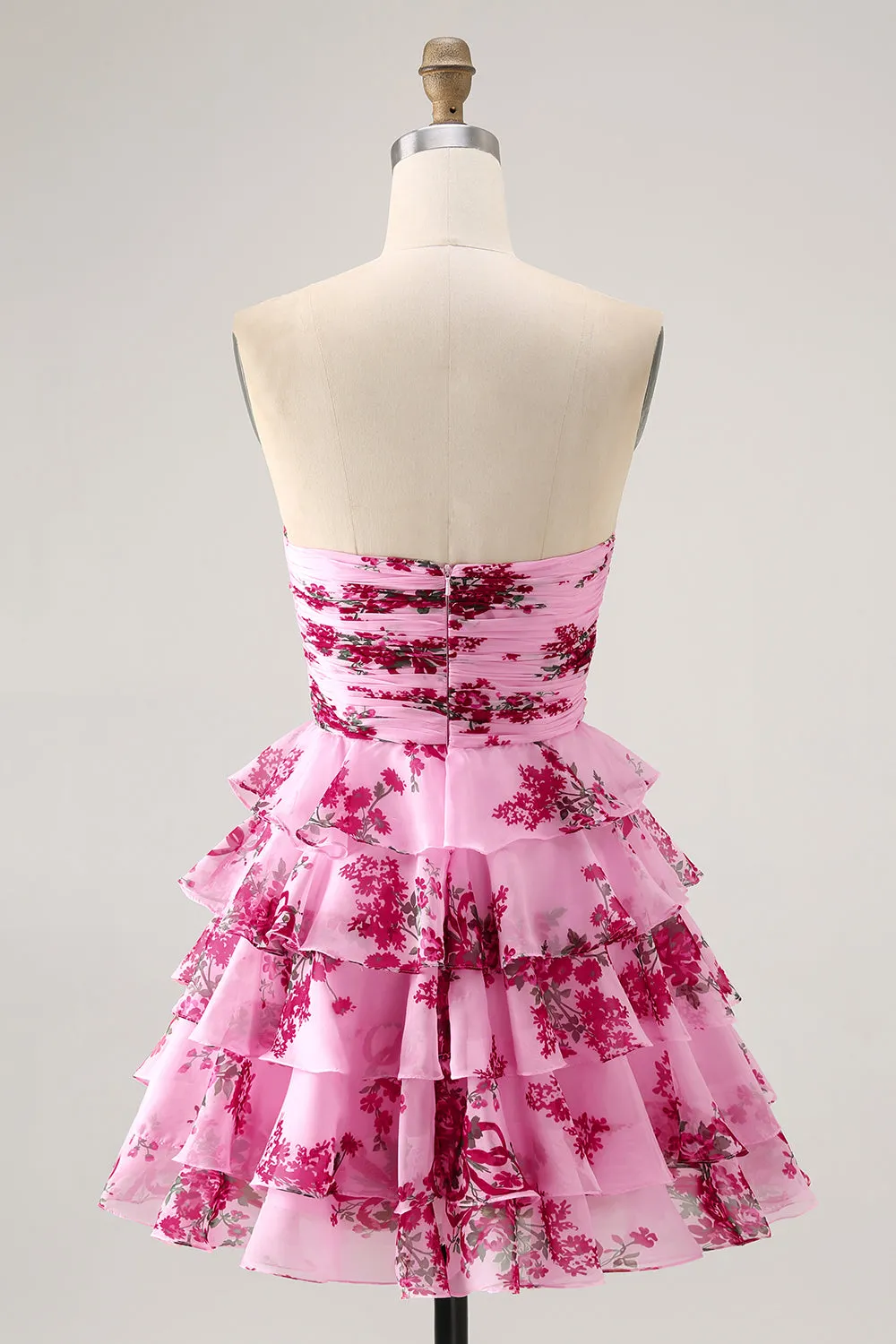 Strapless Pink Flower A-line Tiered Short Homecoming Dress with Bow sold by Wedtrend product image thumbnail 2