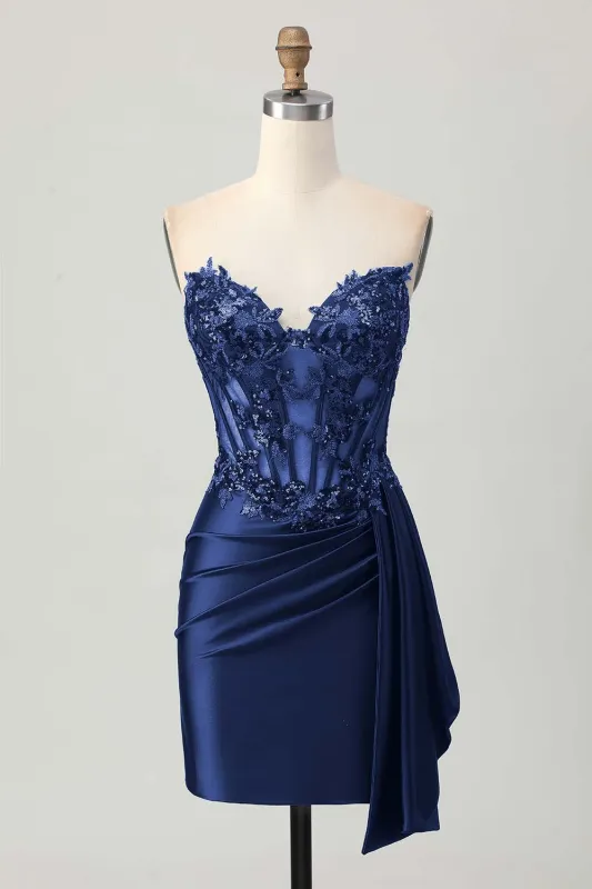 Dark Navy Strapless Sequins Tight Short Homecoming Dress with Side Cape sold by Wedtrend