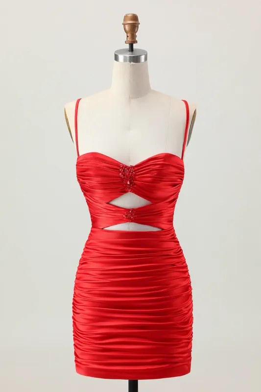 Red Bodycon Spaghetti Straps Cut Out Ruched Short Homecoming Dress made by Wedtrend