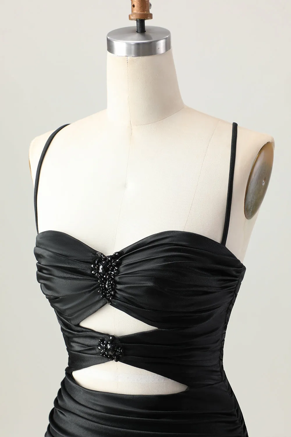 Black Spaghetti Straps Cut Out Ruched Tight Short Homecoming Dress sold by Wedtrend product image thumbnail 5