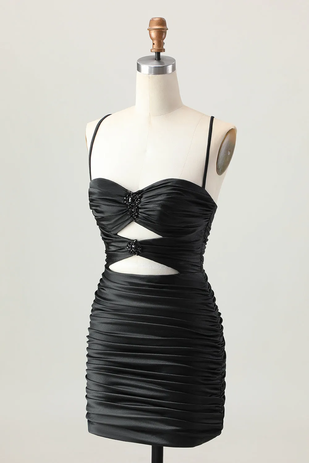 Black Spaghetti Straps Cut Out Ruched Tight Short Homecoming Dress sold by Wedtrend product image thumbnail 3