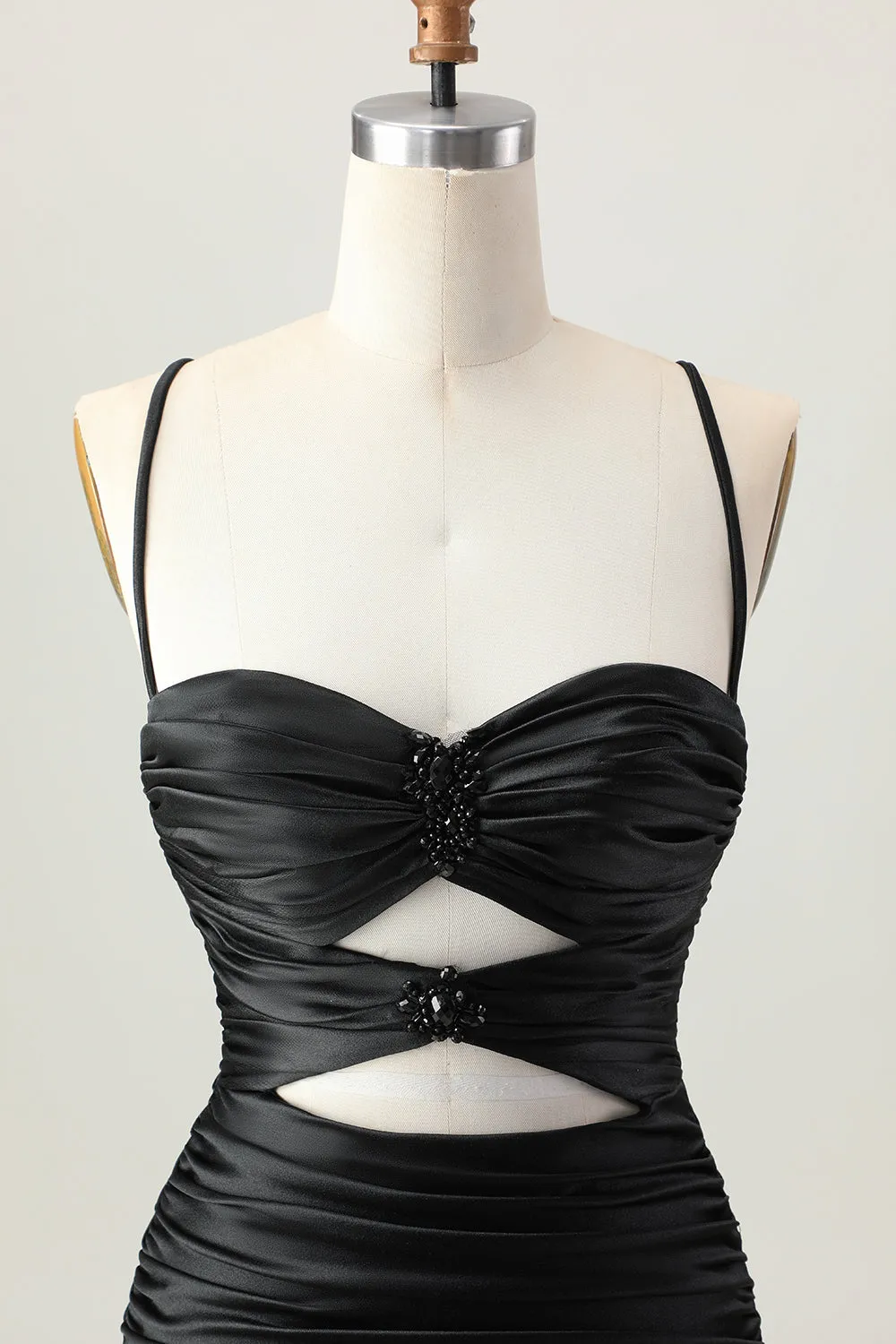 Black Spaghetti Straps Cut Out Ruched Tight Short Homecoming Dress sold by Wedtrend product image thumbnail 4