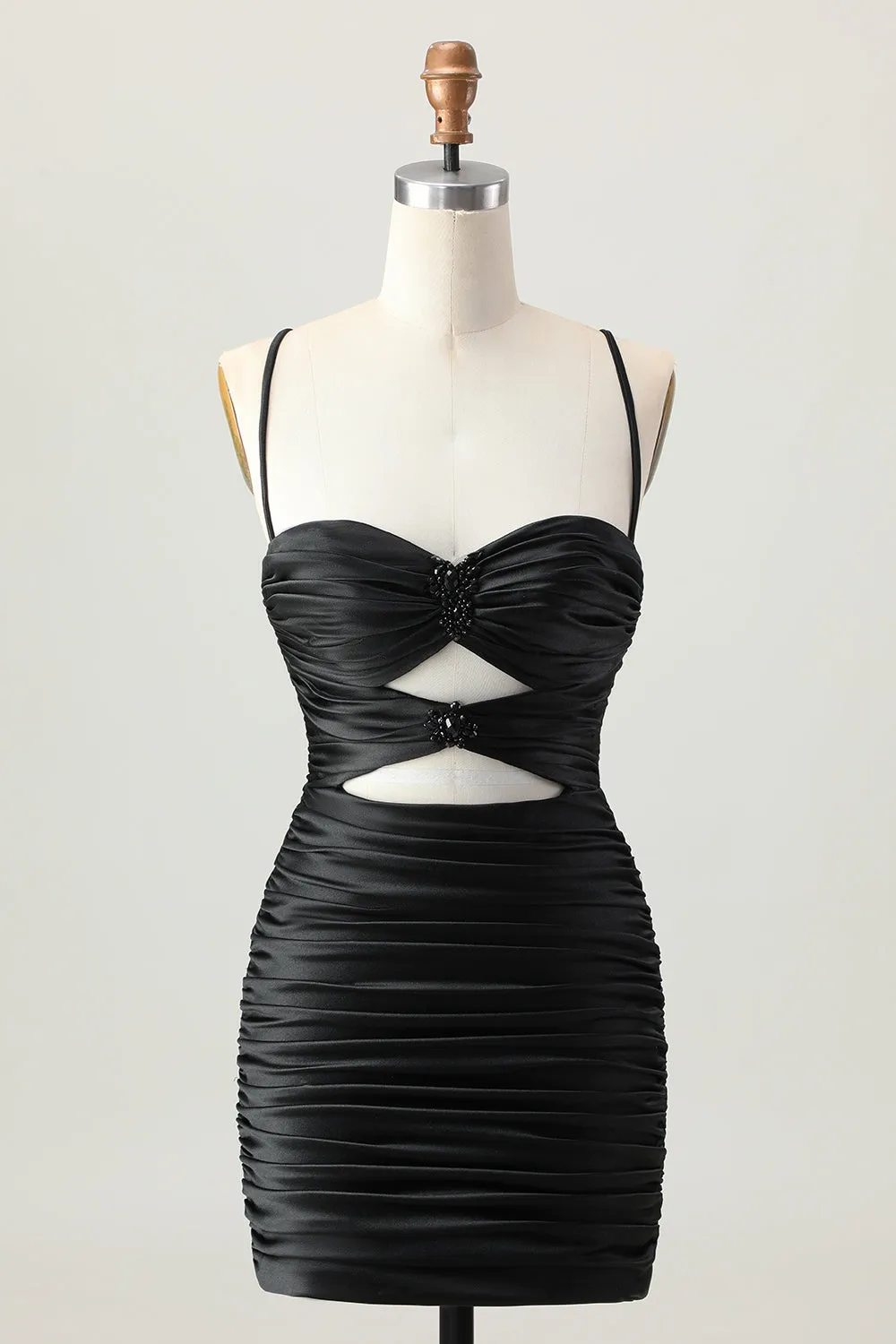 Black Spaghetti Straps Cut Out Ruched Tight Short Homecoming Dress sold by Wedtrend