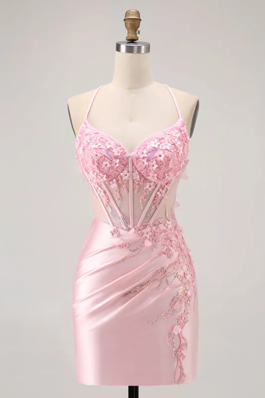 Candy Pink Bodycon Beaded Sheer Corset Short Homecoming Dress with Appliques sold by Wedtrend