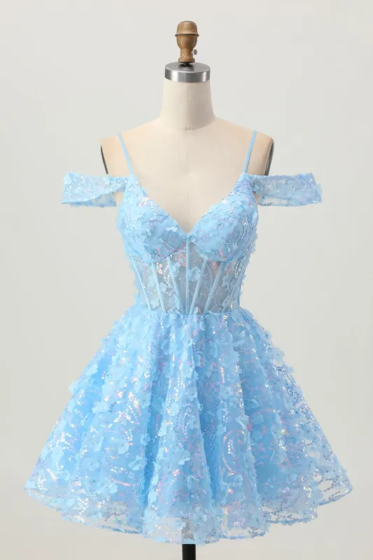 Blue Cold Shoulder A Line Sheer Corset Sequins Homecoming Dress with 3D Flowers sold by Wedtrend