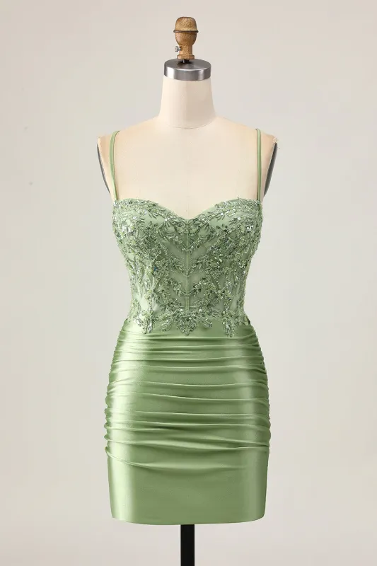 Sage Green Bodycon Sequins Ruched Short Homecoming Dress with Appliques sold by Wedtrend