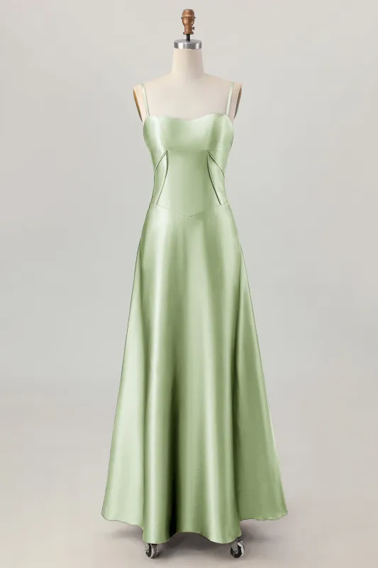 Dusty Sage A-Line Spaghetti Straps Satin Long Bridesmaid Dress with Lace Up Back sold by Wedtrend