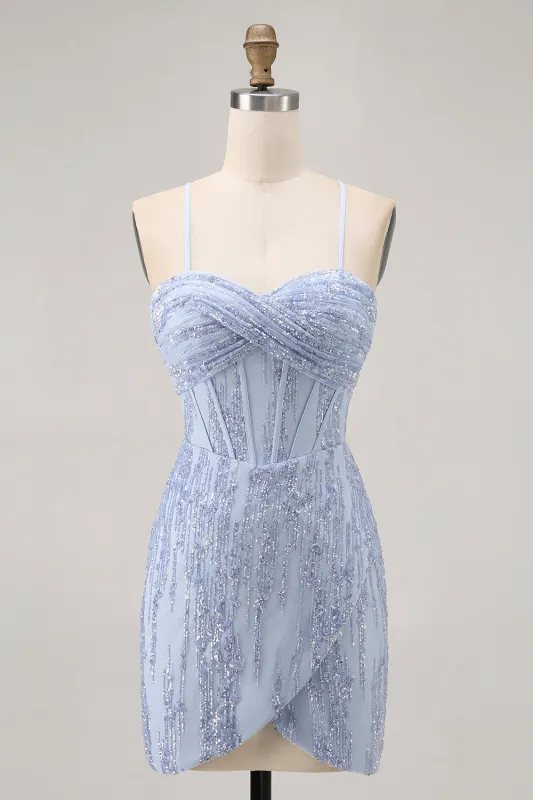 Sparkly Grey Blue Bodycon Sequins Corset Short Homecoming Dress made by Wedtrend