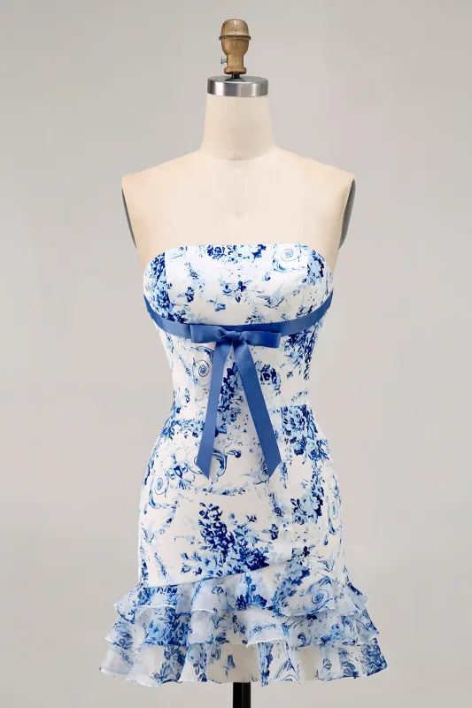 White Blue Flower Bodycon Strapless Printed Short Homecoming Dress sold by Wedtrend
