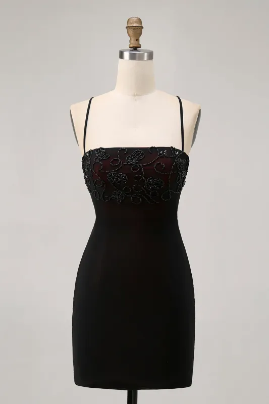 Black Red Bodycon Lace Up Back Short Homecoming Dress with Beading sold by Wedtrend