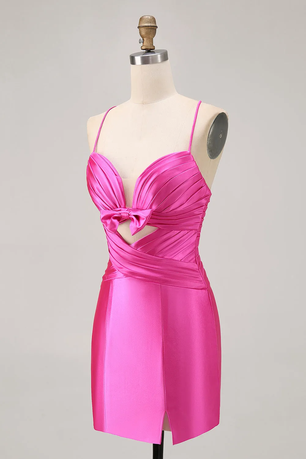 Fuchsia Spaghetti Straps Cut Out Pleated Tight Homecoming Dress with Bow sold by Wedtrend product image thumbnail 3