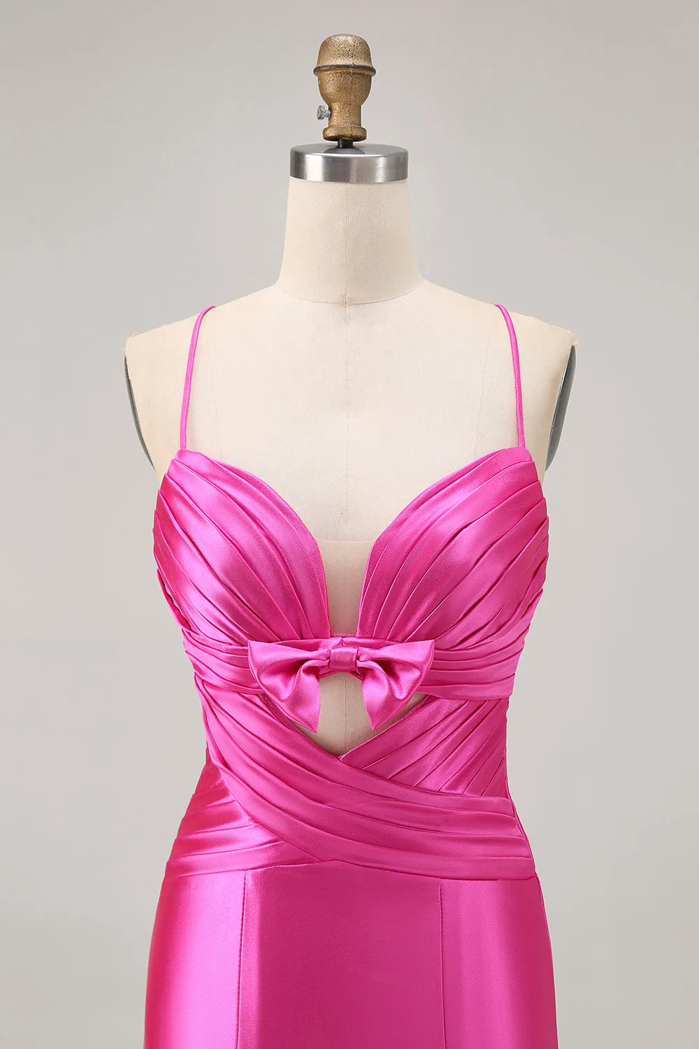 Fuchsia Spaghetti Straps Cut Out Pleated Tight Homecoming Dress with Bow sold by Wedtrend product image thumbnail 4