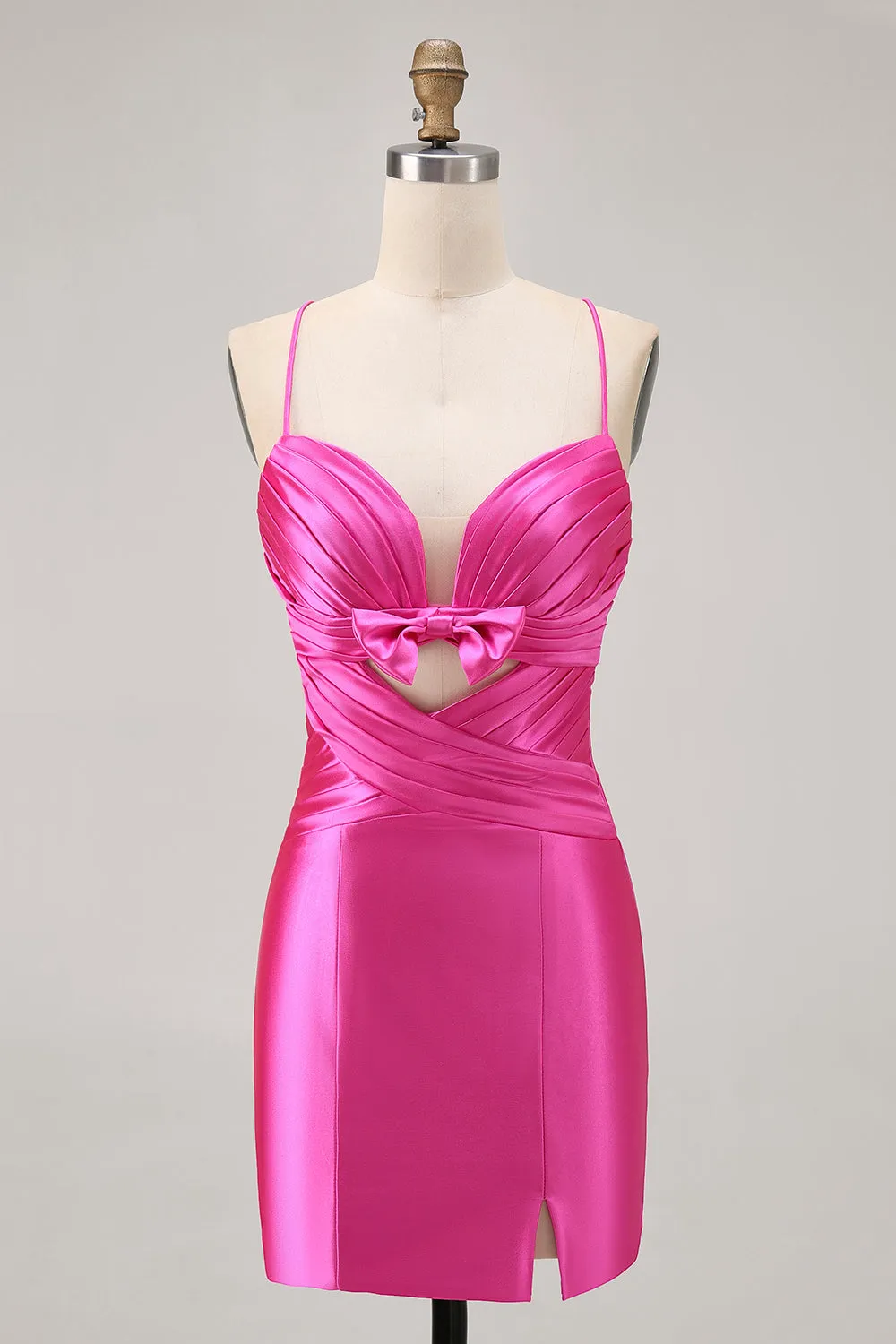 Fuchsia Spaghetti Straps Cut Out Pleated Tight Homecoming Dress with Bow sold by Wedtrend