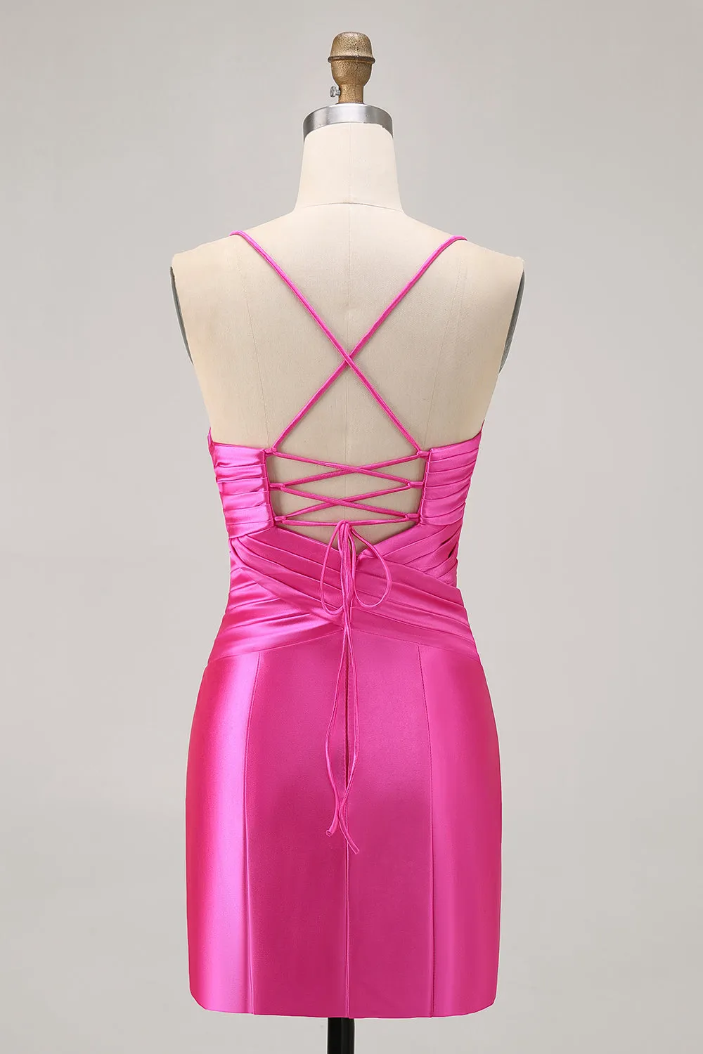 Fuchsia Spaghetti Straps Cut Out Pleated Tight Homecoming Dress with Bow sold by Wedtrend product image thumbnail 2