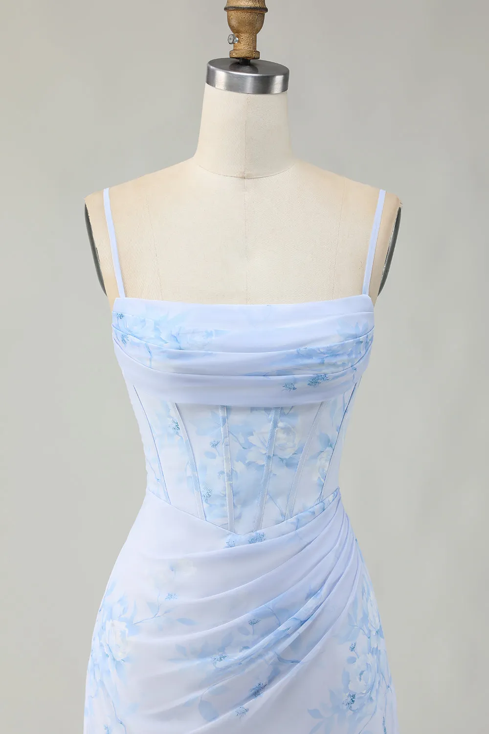 Light Blue Bodycon Ruched Floral Printed Corset Homecoming Dress sold by Wedtrend product image thumbnail 4