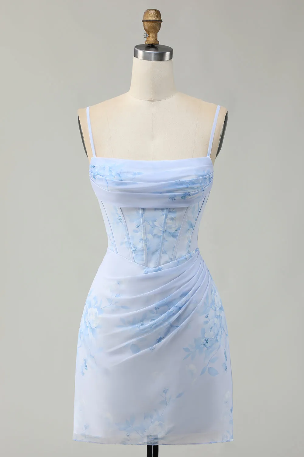 Light Blue Bodycon Ruched Floral Printed Corset Homecoming Dress sold by Wedtrend