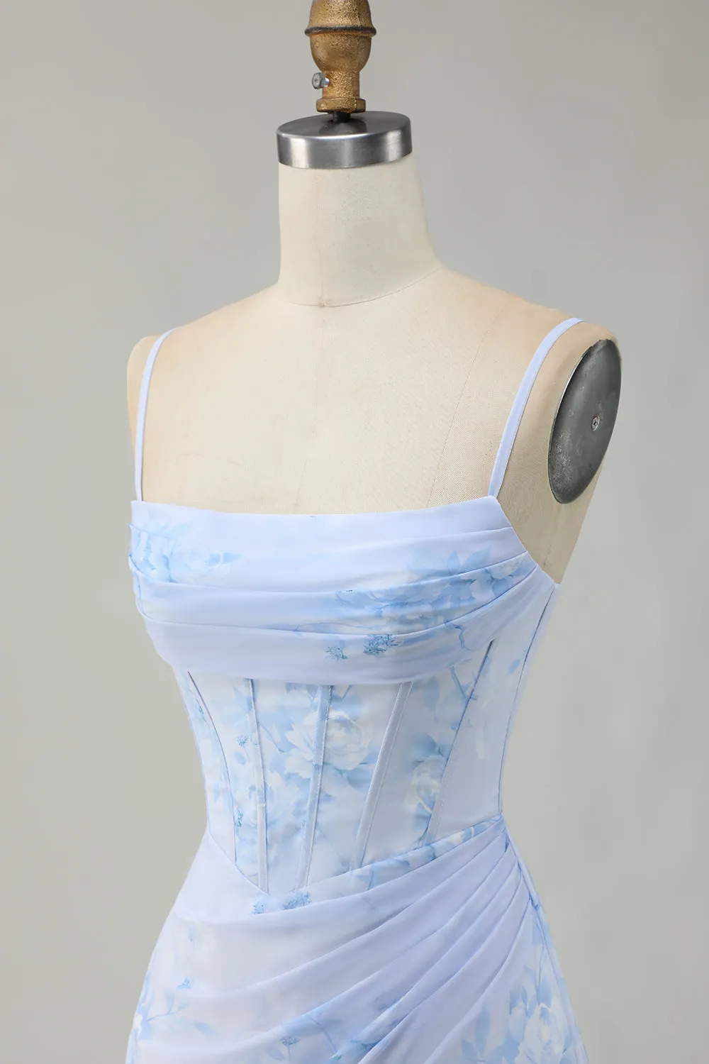 Light Blue Bodycon Ruched Floral Printed Corset Homecoming Dress sold by Wedtrend product image thumbnail 5