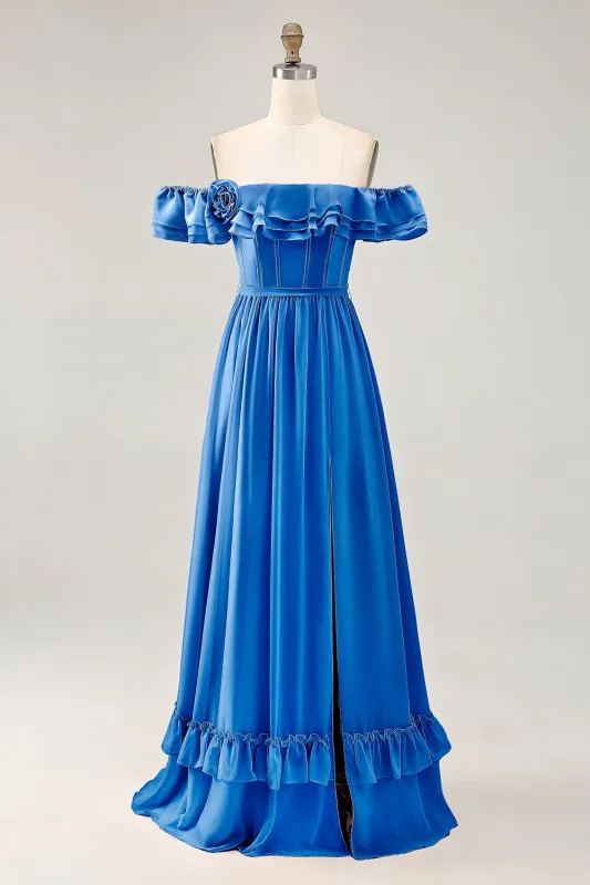 Royal Blue A-line Off The Shoulder Chiffon Long Bridesmaid Dress with Slit made by Wedtrend