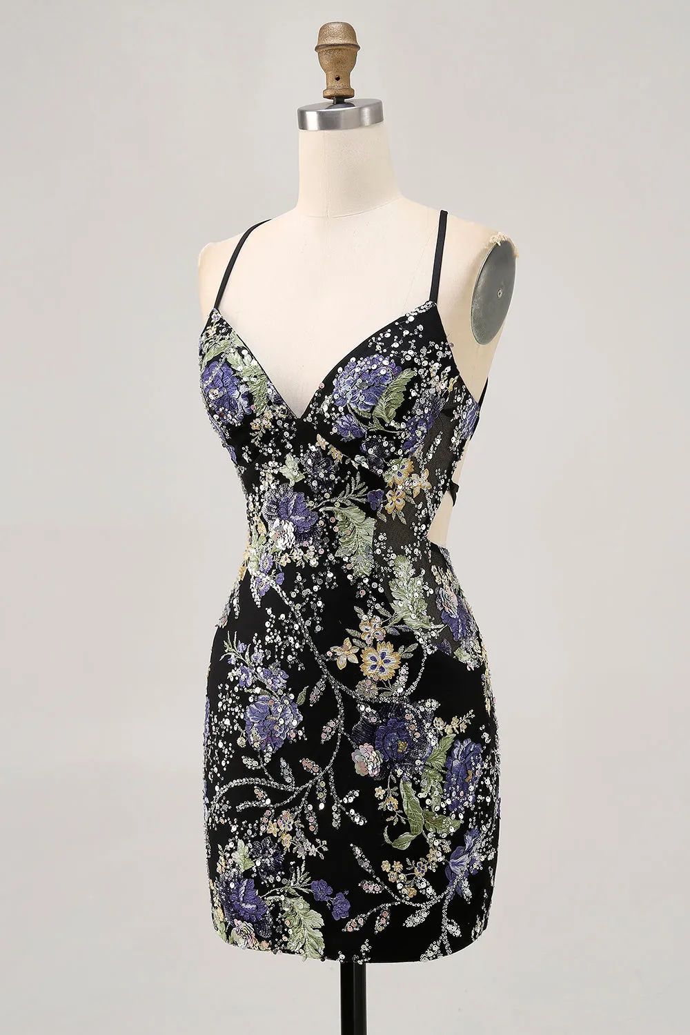 Sparkly Black Bodycon Spaghetti Straps Floral Short Homecoming Dress with Sequins sold by Wedtrend product image thumbnail 5
