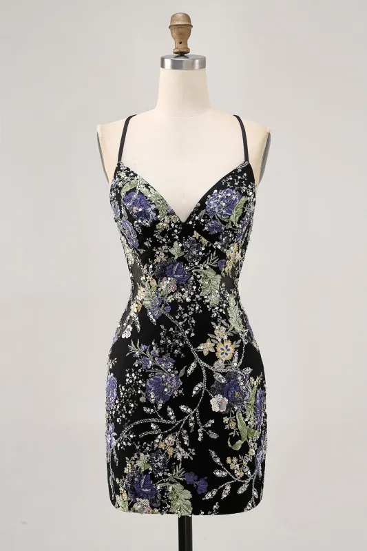 Sparkly Black Bodycon Spaghetti Straps Floral Short Homecoming Dress with Sequins made by Wedtrend