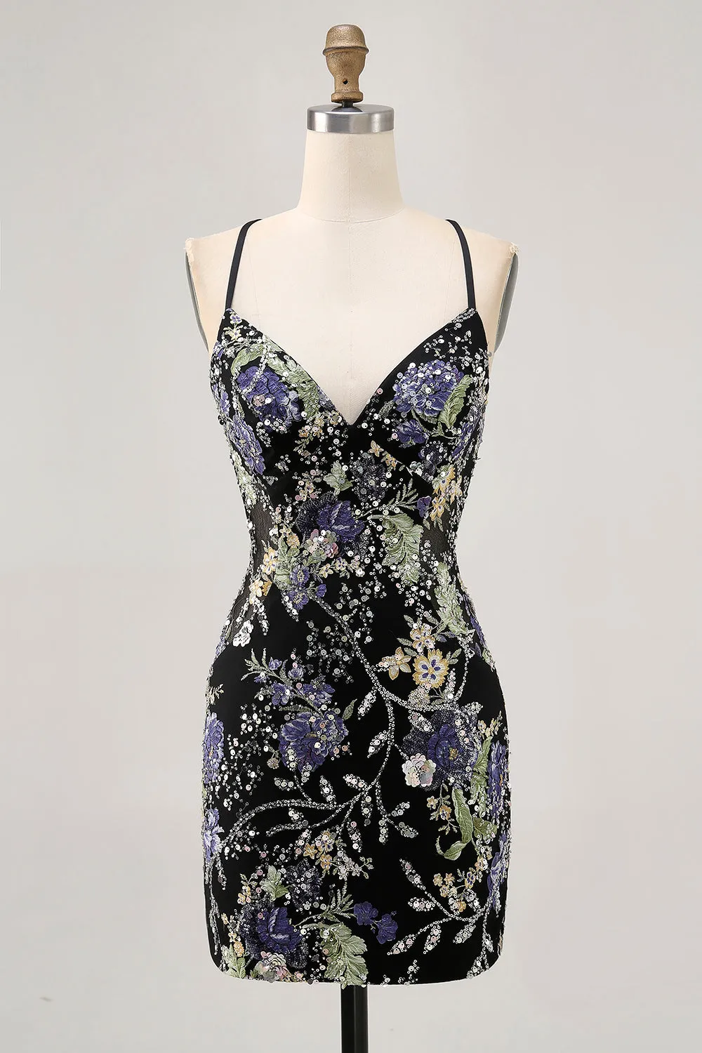 Sparkly Black Bodycon Spaghetti Straps Floral Short Homecoming Dress with Sequins sold by Wedtrend
