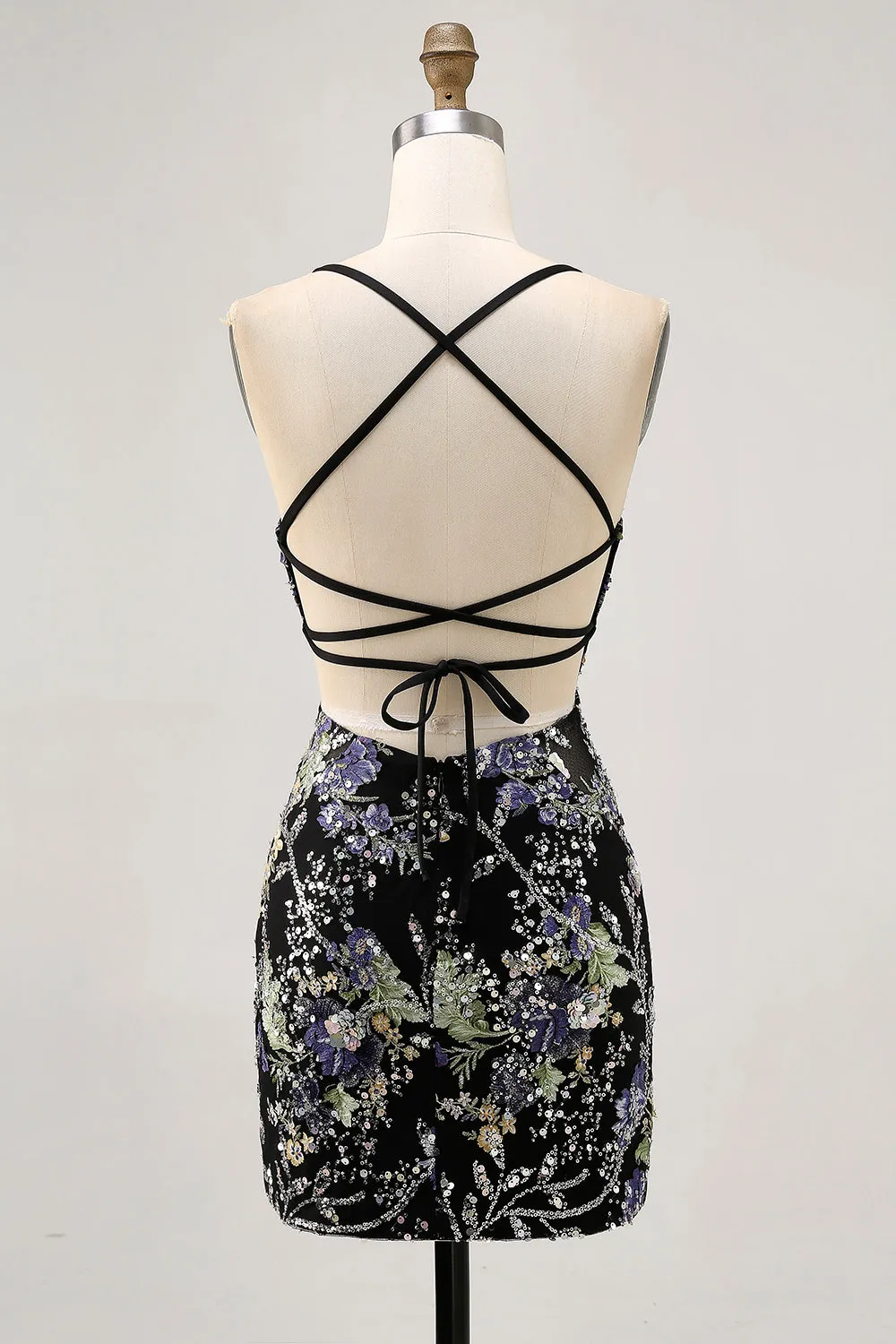 Sparkly Black Bodycon Spaghetti Straps Floral Short Homecoming Dress with Sequins sold by Wedtrend product image thumbnail 2