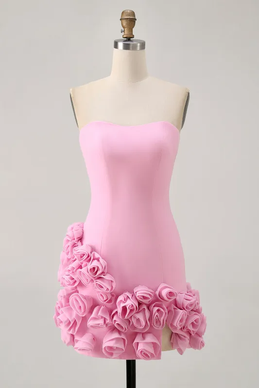 Pink Bodycon Strapless Short Homecoming Dress with 3D Flowers made by Wedtrend
