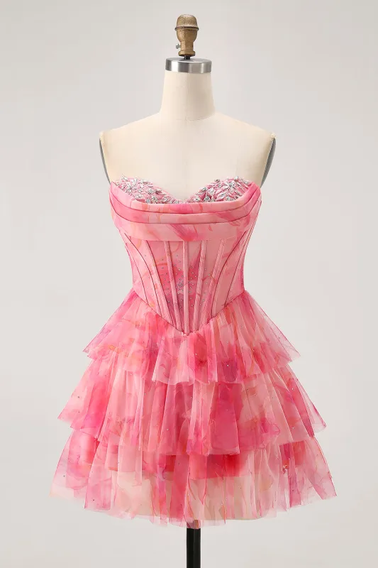 Red A-Line Strapless Tiered Corset Floral Homecoming Dress with Beading made by Wedtrend