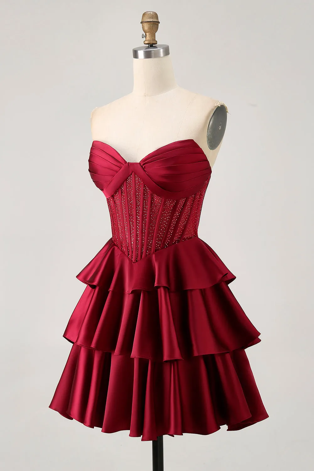 Burgundy A-Line Strapless Tiered Satin Homecoming Dress with Beading sold by Wedtrend product image thumbnail 3