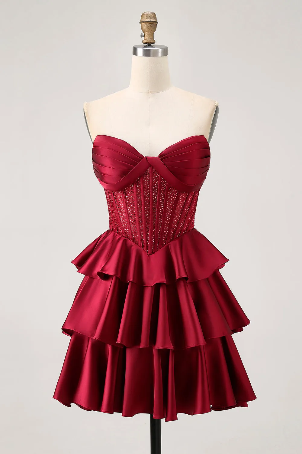 Burgundy A-Line Strapless Tiered Satin Homecoming Dress with Beading sold by Wedtrend