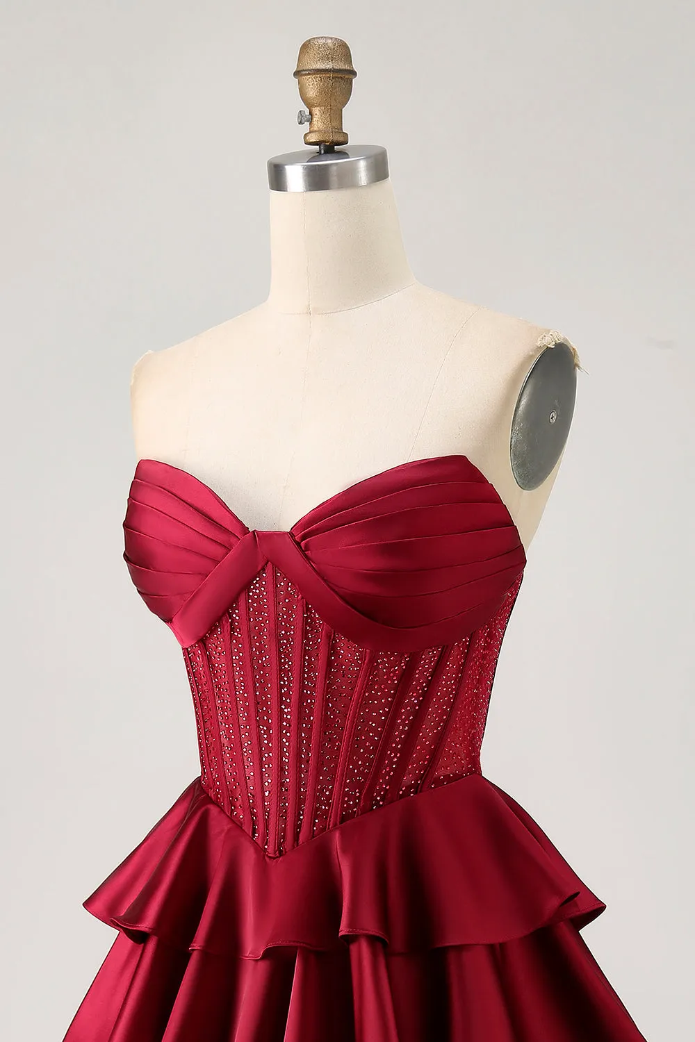 Burgundy A-Line Strapless Tiered Satin Homecoming Dress with Beading sold by Wedtrend product image thumbnail 5