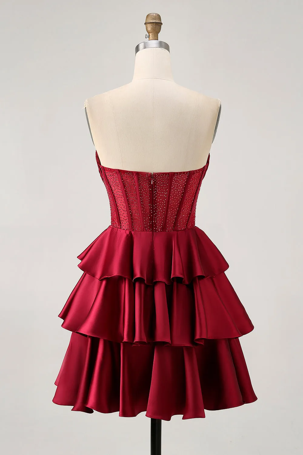 Burgundy A-Line Strapless Tiered Satin Homecoming Dress with Beading sold by Wedtrend product image thumbnail 2