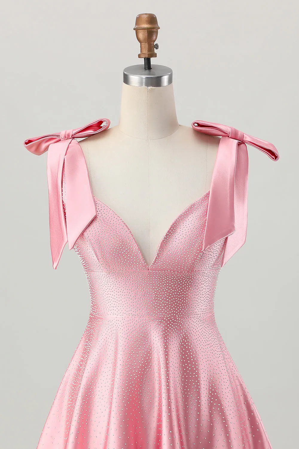 Blush Pink A Line V-Neck Beaded Satin Homecoming Dress with Bows sold by Wedtrend product image thumbnail 4